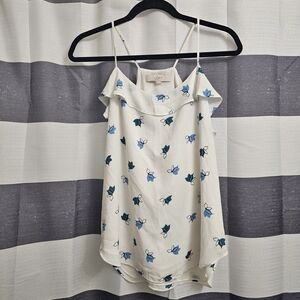 LOFT Ruffled White and Blue Camisole